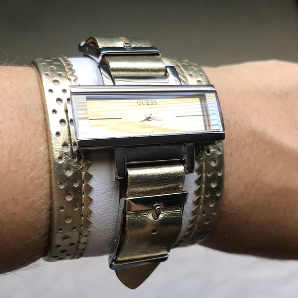 Guess Gold & white leather watch cuff bracelet - Picture 13 of 16
